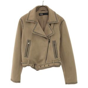 Zara cropped moto jacket coat rhinestones trim beige faux suede M